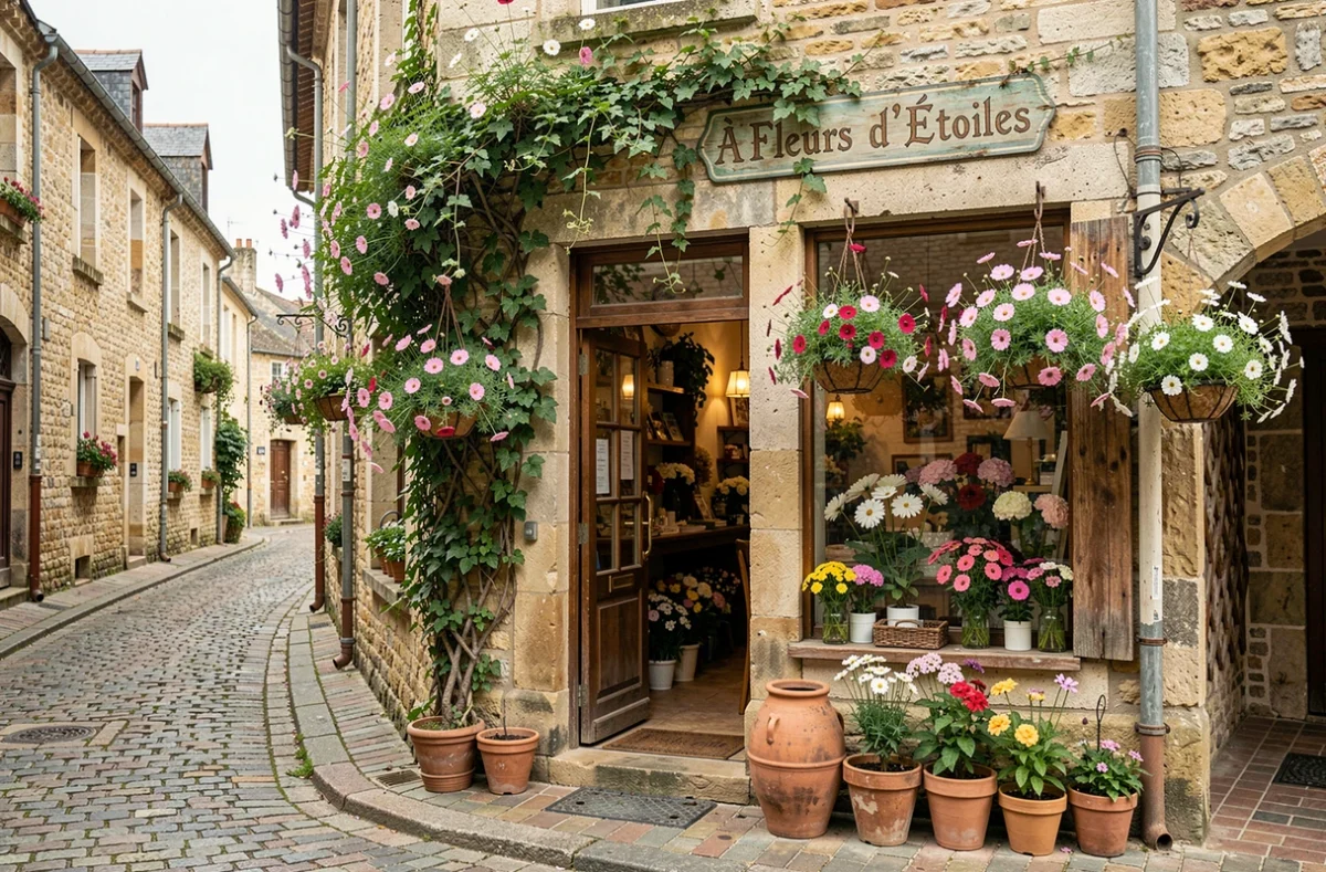 Façade de la boutique À Fleurs d'Étoiles à Senlis avec des fleurs suspendues sur une rue pavée médiévale
