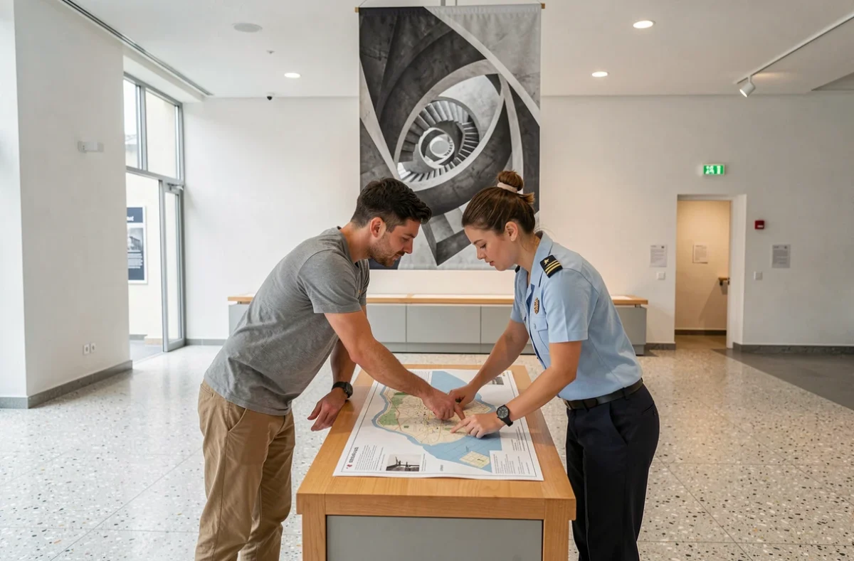 Couple recevant des conseils de visite à l'accueil du musée pour l'exposition Escher à Toulouse