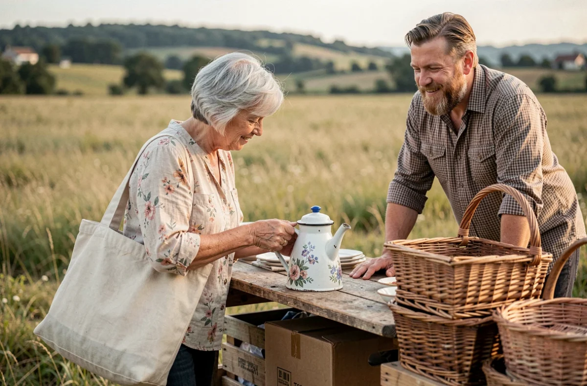 Femme examinant un objet ancien chez un vendeur lors d'un vide grenier en plein air dans l'Ain