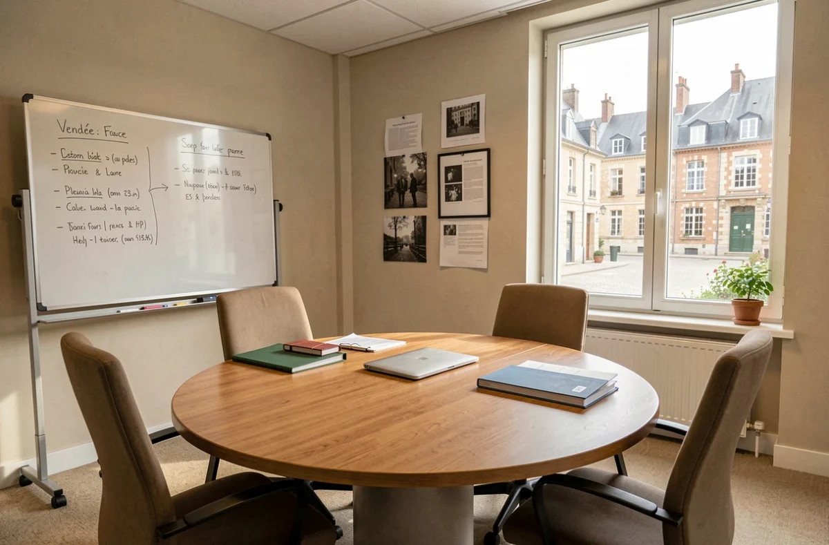 Salle de médiation et cabinet d'avocats moderne avec table ronde et vue sur une place de ville vendéenne