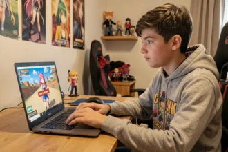 Adolescent entrant un code de jeu Roblox Anime Last Stand sur un ordinateur portable dans une chambre de gamer