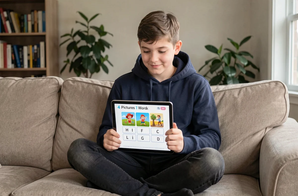 Adolescent jouant à 4 Images 1 Mot sur tablette dans un salon moderne, niveau 5 lettres