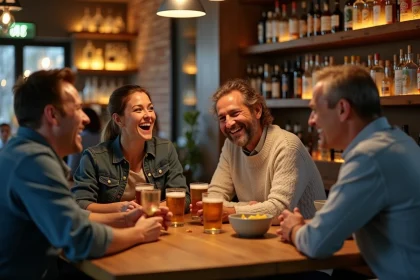 Groupe d'adultes riant ensemble autour d'une table dans un bar convivial lors d'une soirée décontractée