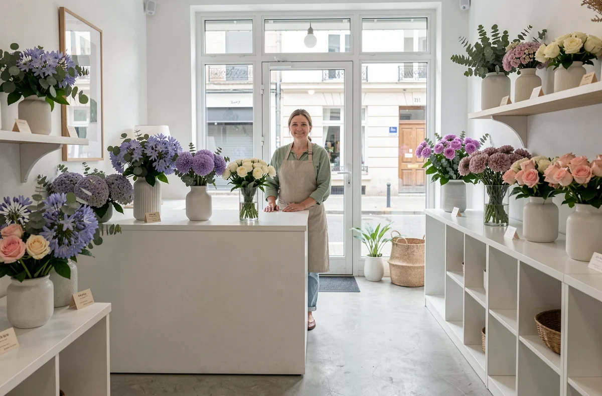 Boutique Agapanthe à Beauvais avec des fleurs élégantes disposées sur des étagères blanches épurées