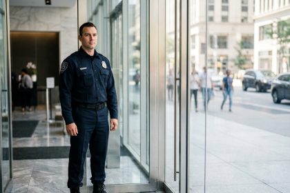 Agent de sécurité en uniforme marine impeccable devant l'entrée d'un immeuble de bureaux moderne, illustrant la crédibilité professionnelle par la tenue