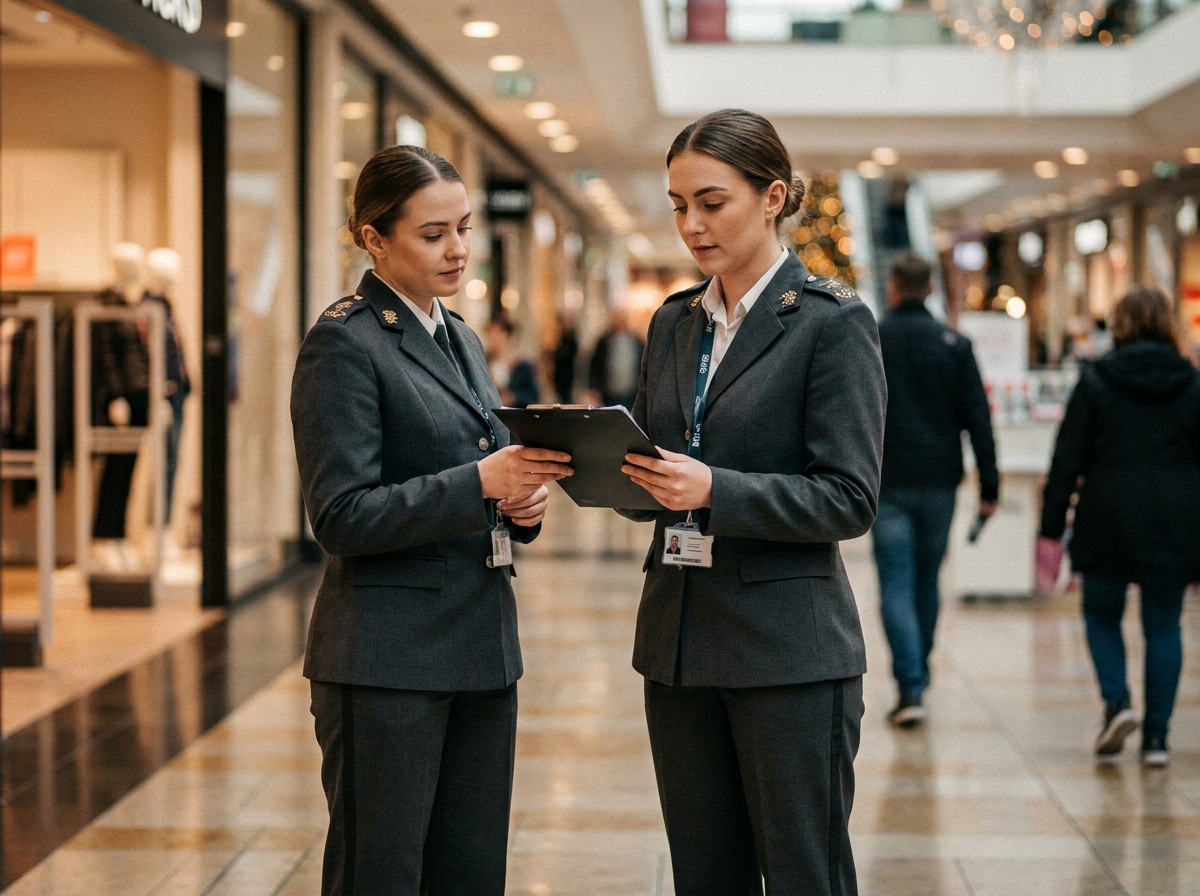 Agente de sécurité en uniforme gris structuré contrôlant un document dans un centre commercial, soulignant l'importance de la présentation vestimentaire dans la sécurité privée