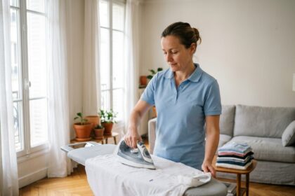Une aide à domicile en uniforme repasse du linge dans un appartement moderne et bien rangé à Puteaux, illustrant les services à domicile de Centre Services
