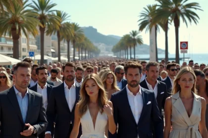 Foule de festivaliers évacuant la Croisette à Cannes lors d'une alerte à la bombe, visages tendus et téléphones à la main