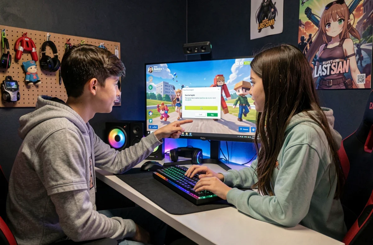 Deux adolescents jouant à Roblox Anime Last Stand ensemble et entrant un code de récompense sur PC gamer
