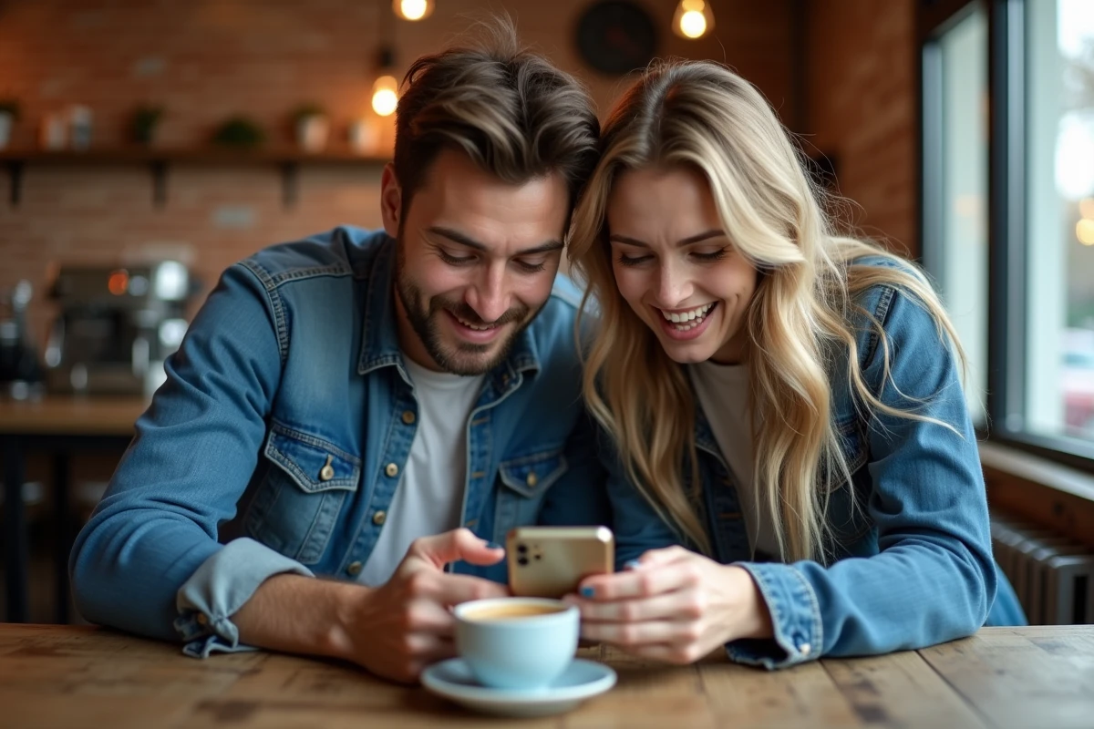 Deux amis cherchant la solution d'une énigme 4 images 1 mot 9 lettres dans un café