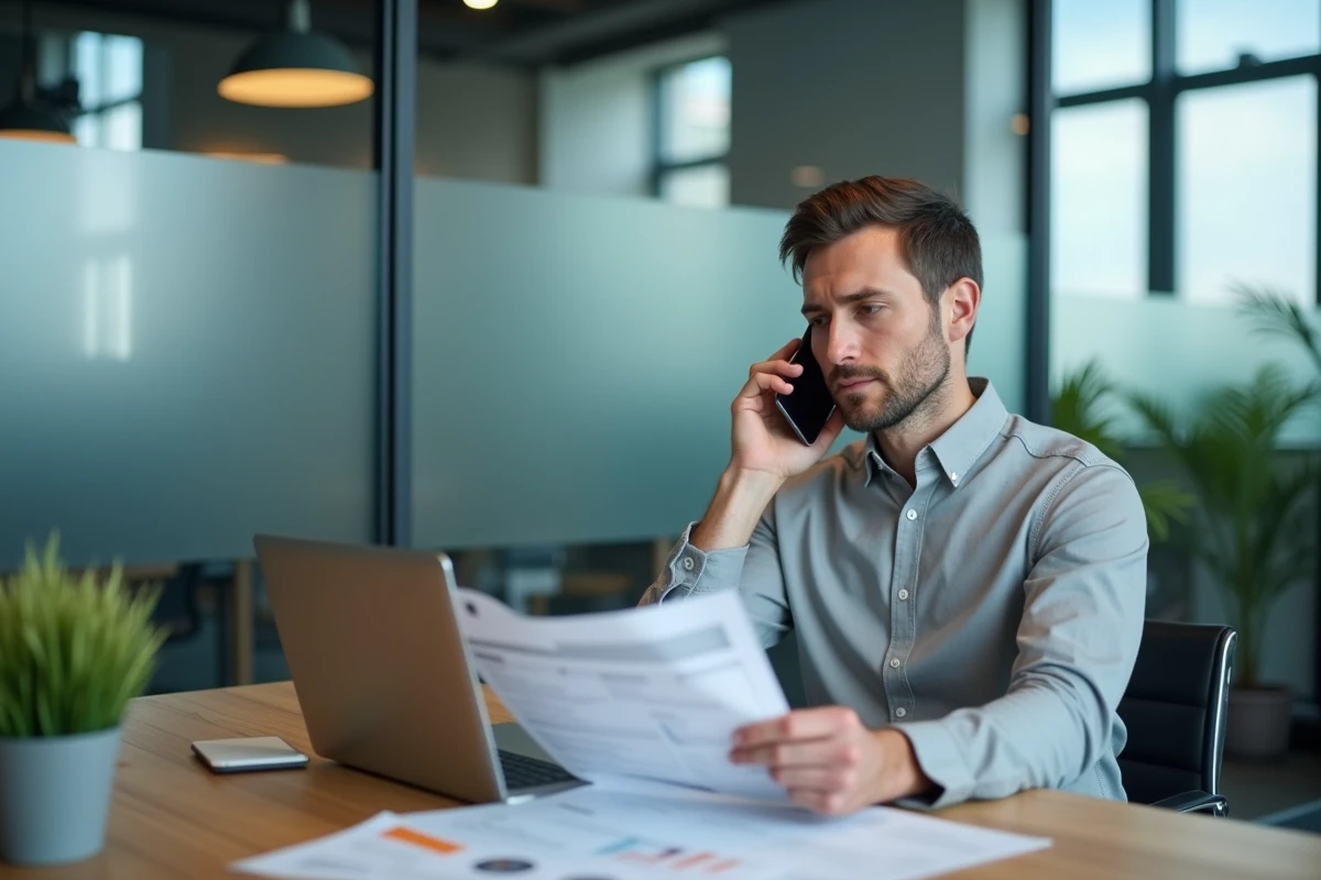 Entrepreneur masculin en chemise grise contactant le support téléphonique Amazon Pro depuis une salle de réunion vitrée avec documents et laptop