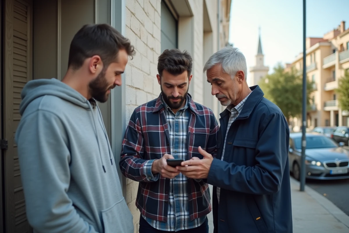 Groupe d'hommes consultant une application de prière devant une mosquée moderne dans un quartier résidentiel de Marseille