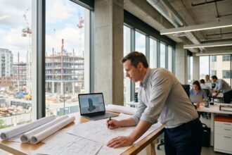 Architecte d'un bureau d'études penché sur des plans techniques dans un bureau moderne avec vue sur un chantier de construction
