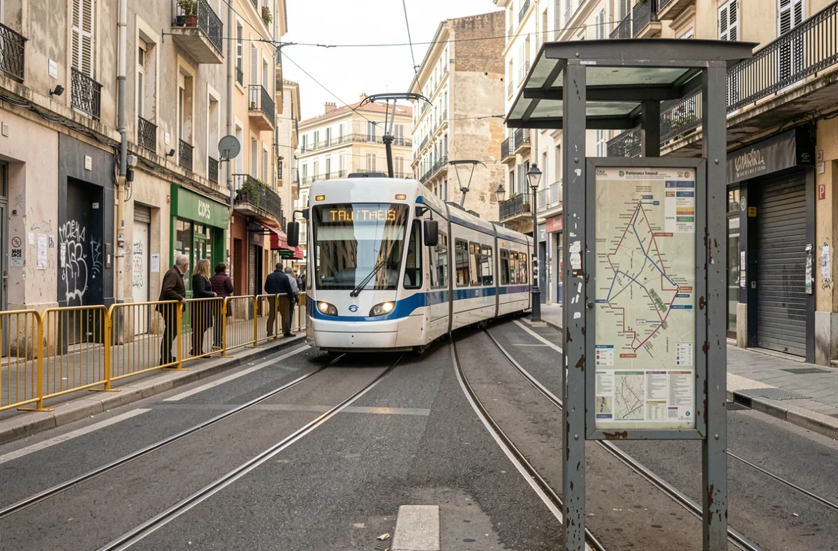 Arrêt de tramway dans un quartier urbain dense de Marseille