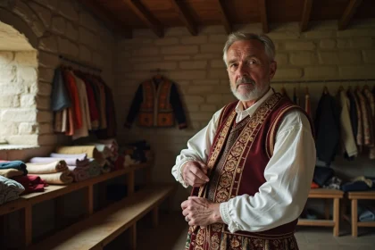 Homme en costume traditionnel breton préparant sa tenue lors d'un événement du patrimoine culturel organisé par l'ASPOLT
