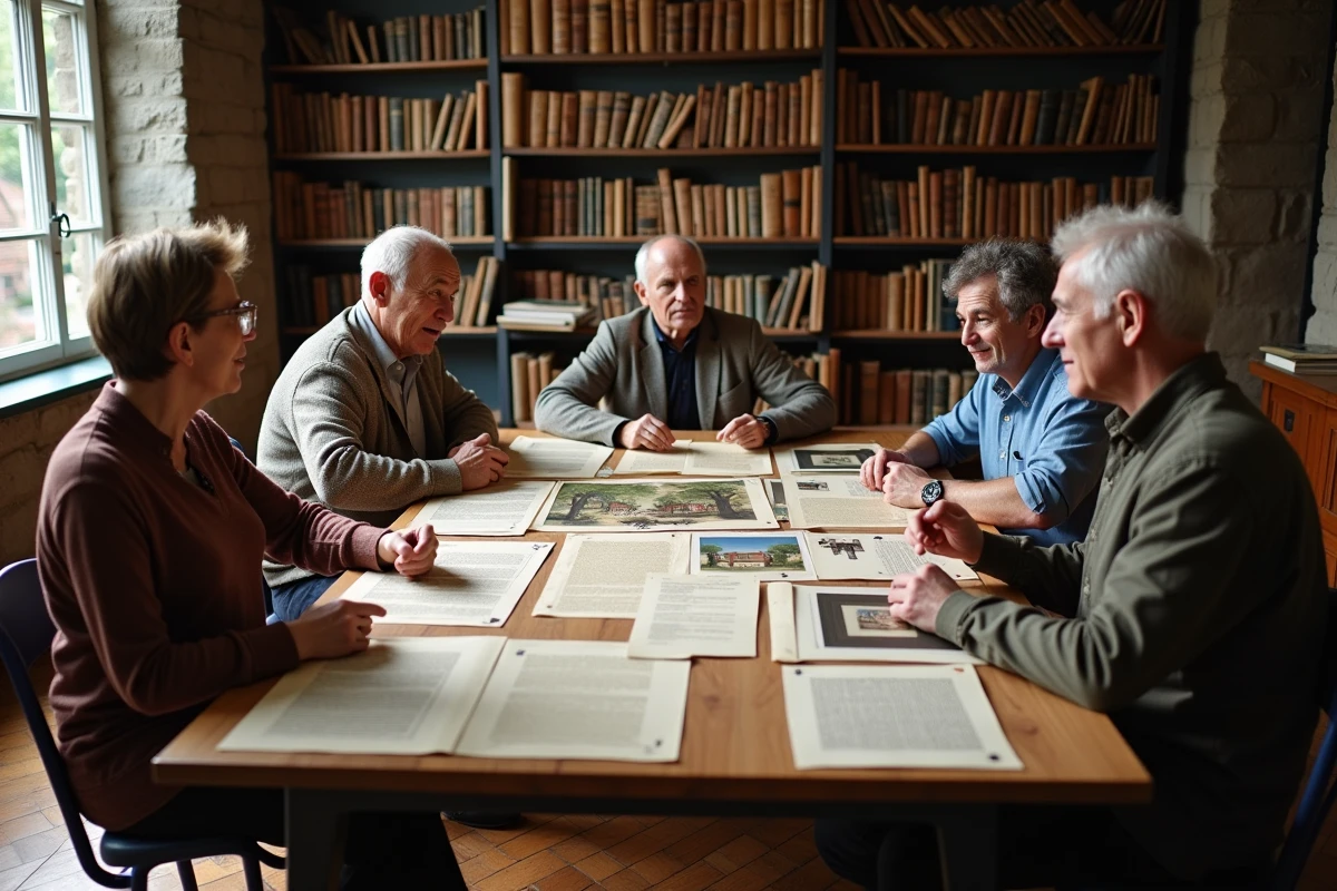 Membres de l'ASPOLT réunis autour de documents d'archives pour une réunion de recherche sur le patrimoine du Kerfent