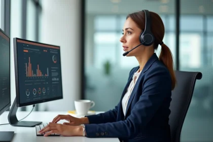 Professionnelle en blazer marine avec casque Bluetooth gérant un appel au service client Amazon pour entreprises dans un bureau moderne