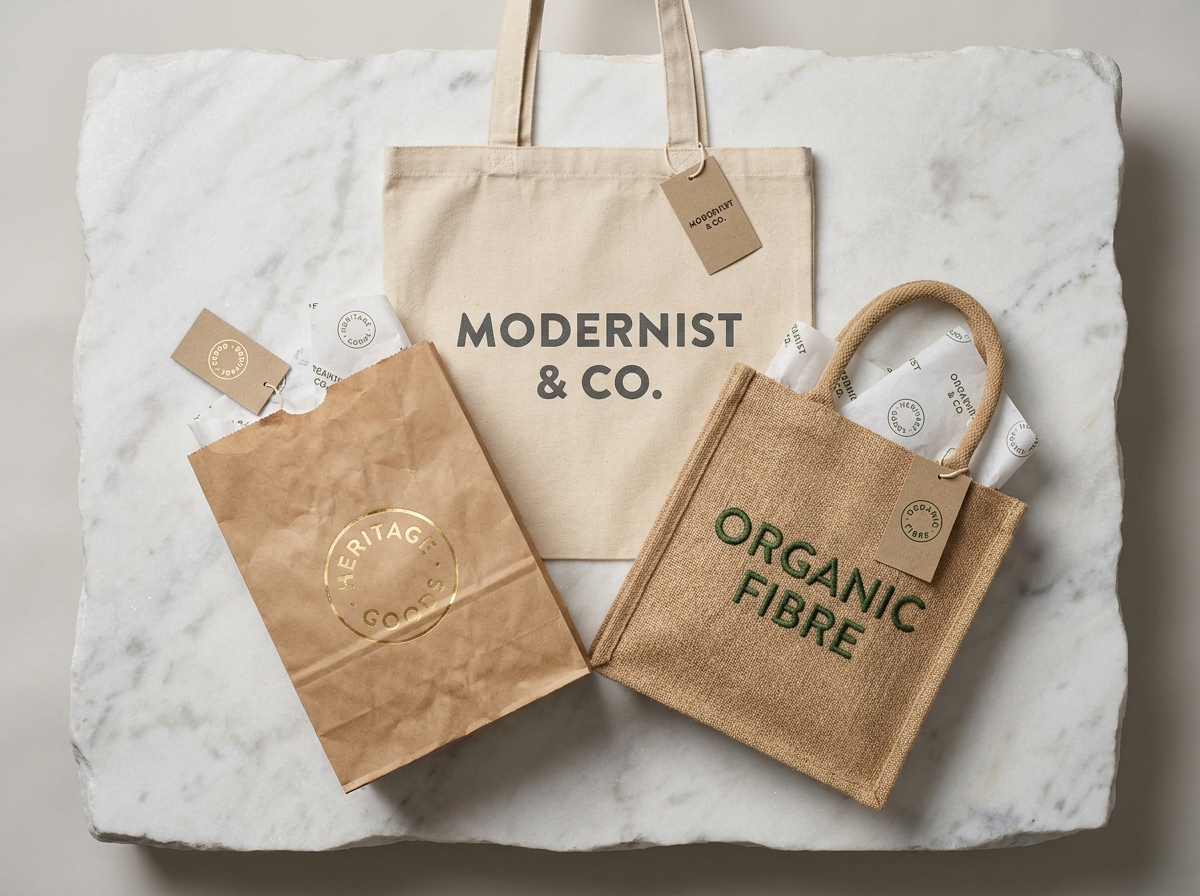 Assortiment de sacs personnalisés avec logos de marques posés sur un fond en marbre blanc