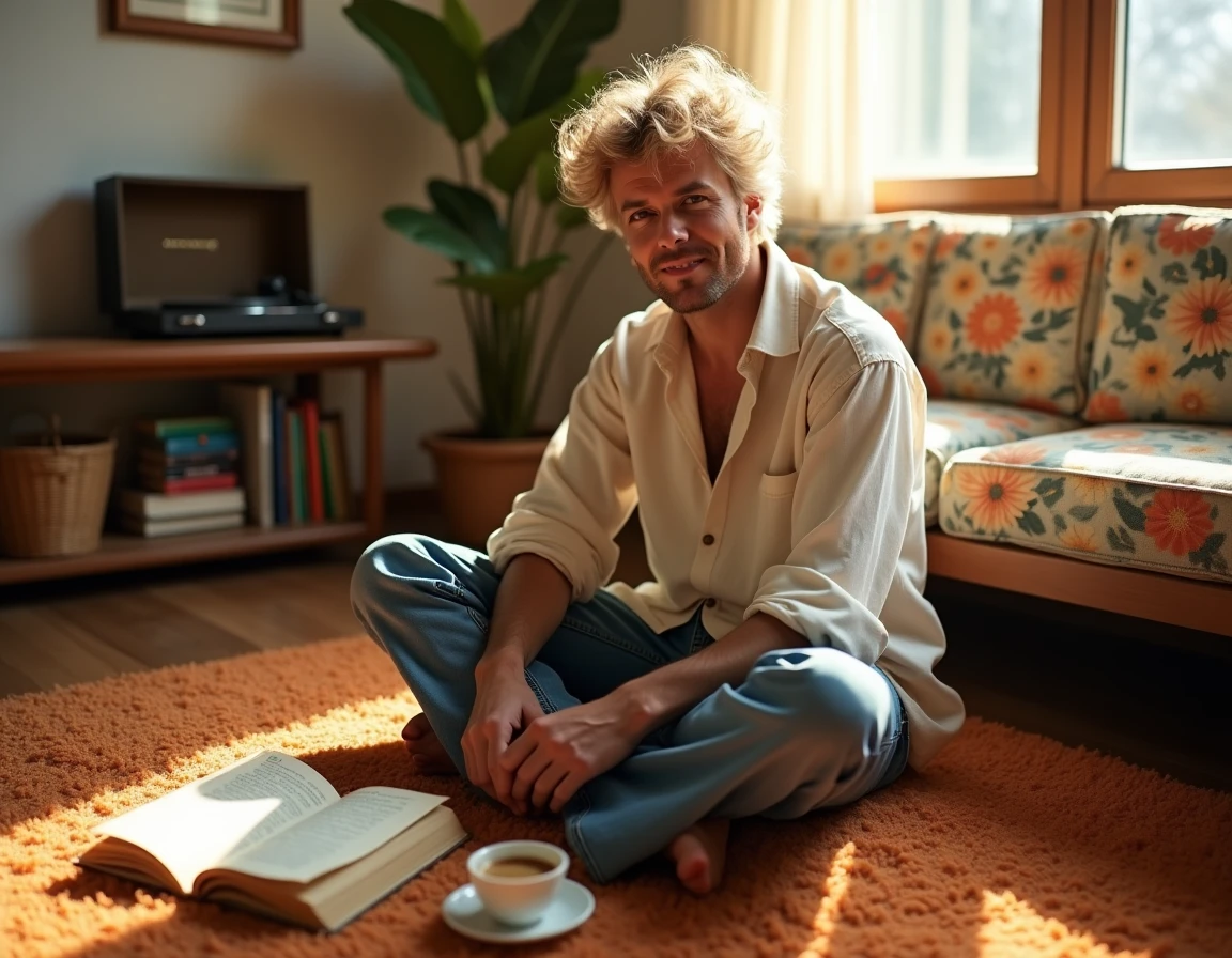 Auteur-compositeur des années 70 écrivant des paroles dans un salon rétro chaleureux avec une platine vinyle