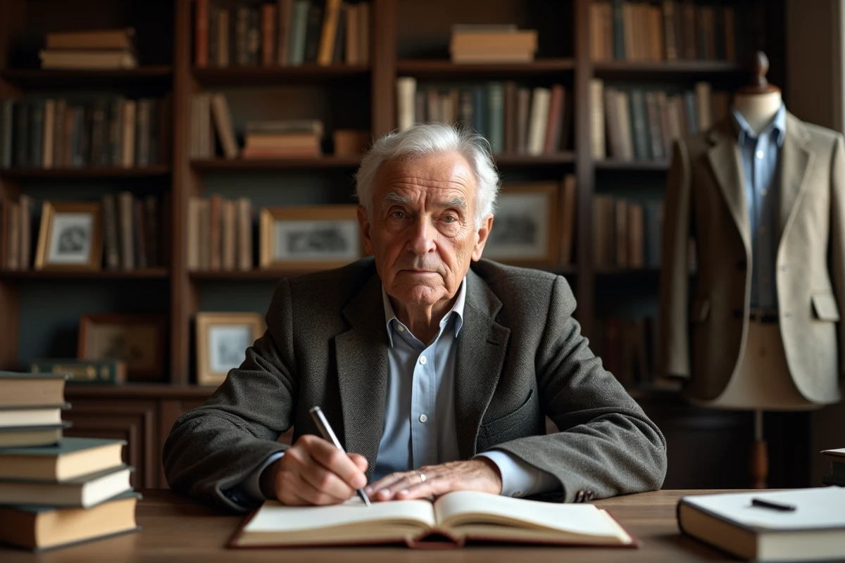 Auteur âgé écrivant dans un bureau avec livres et vêtements classiques