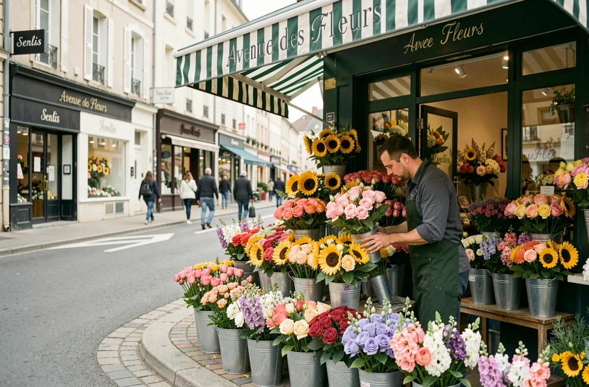 Devanture colorée d'Avenue des Fleurs à Senlis avec des seaux de fleurs coupées exposés sur le trottoir
