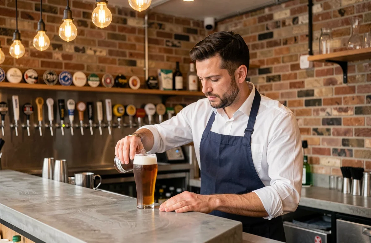Barman versant une bière artisanale dans un bar craft contemporain du quartier Châtelet à Paris
