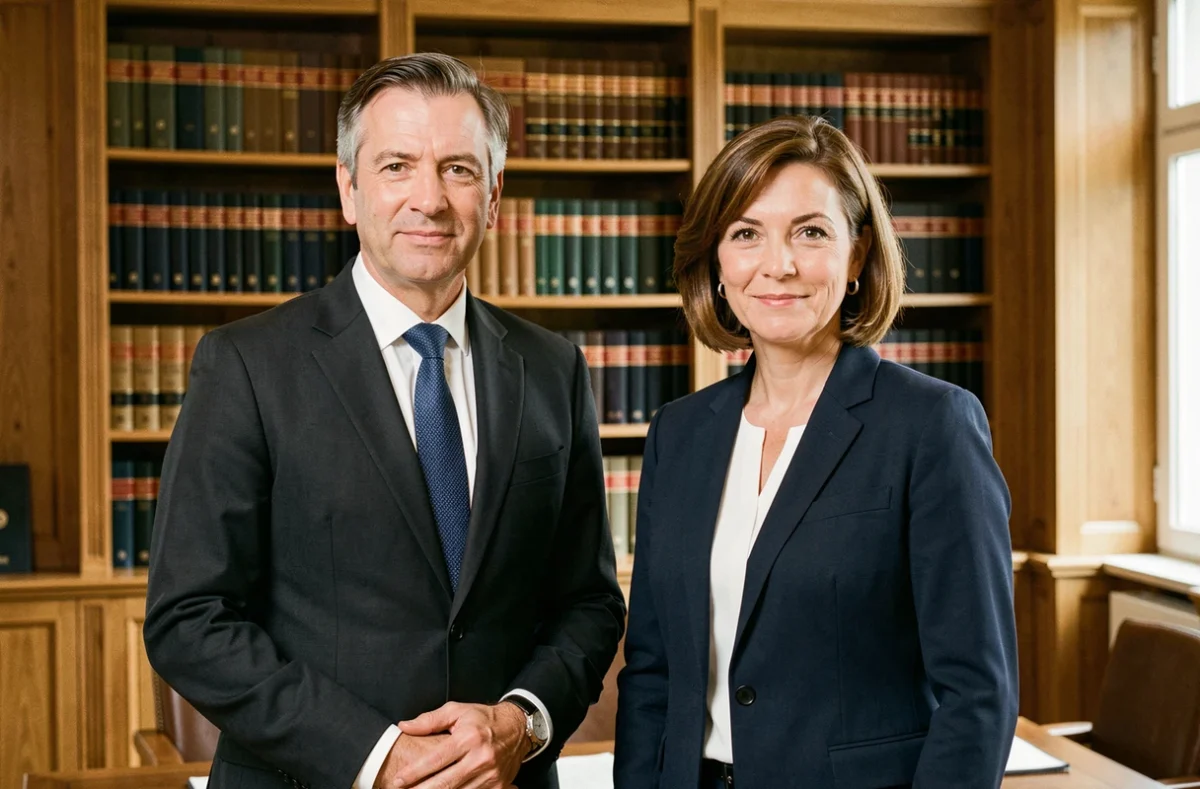 Équipe de deux avocats, homme et femme en tenue professionnelle, dans un cabinet juridique en boiseries en Vendée