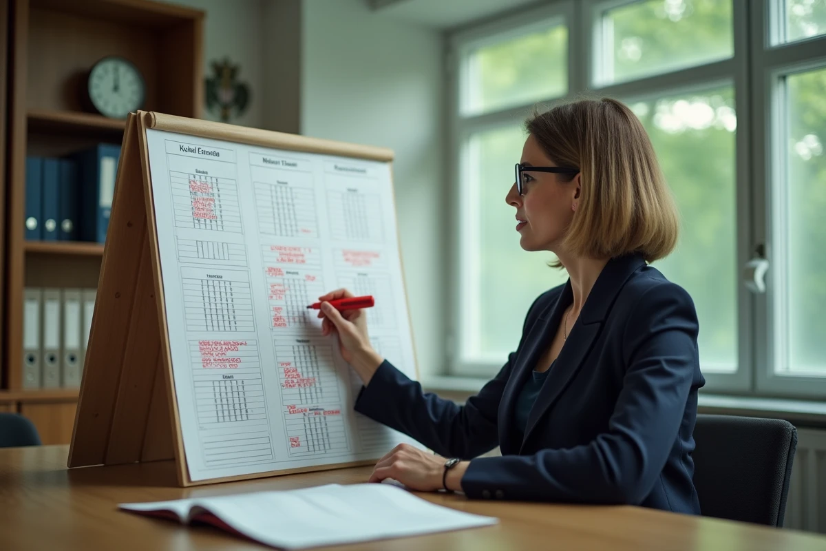 Fonctionnaire mosellane consultant un calendrier des jours fériés locaux dans une salle de réunion d'une mairie de Moselle