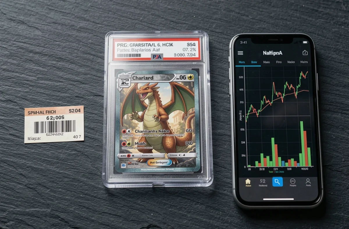Carte Dracaufeu Pokémon rare gradée PSA dans son étui plastique rigide sur ardoise avec étiquette de prix et graphique de valeur marchande