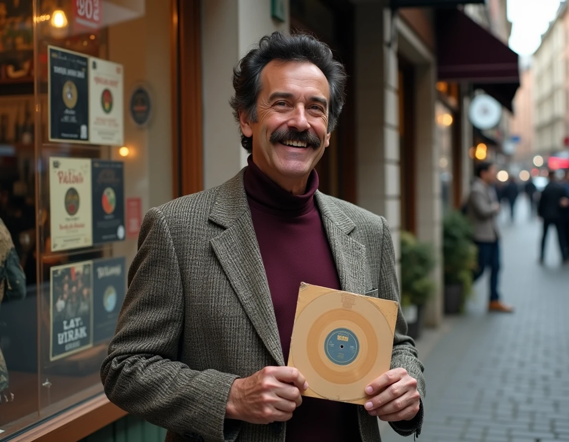 Chanteur des années 70 tenant un disque vinyle devant un magasin de musique vintage en ville