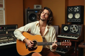 Chanteur romantique des années 70 jouant de la guitare acoustique dans un studio d'enregistrement vintage