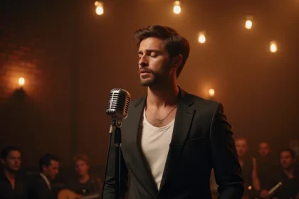 Chanteur professionnel masculin en blazer sombre performant devant un micro vintage sur scène, ambiance salle de concert intimiste