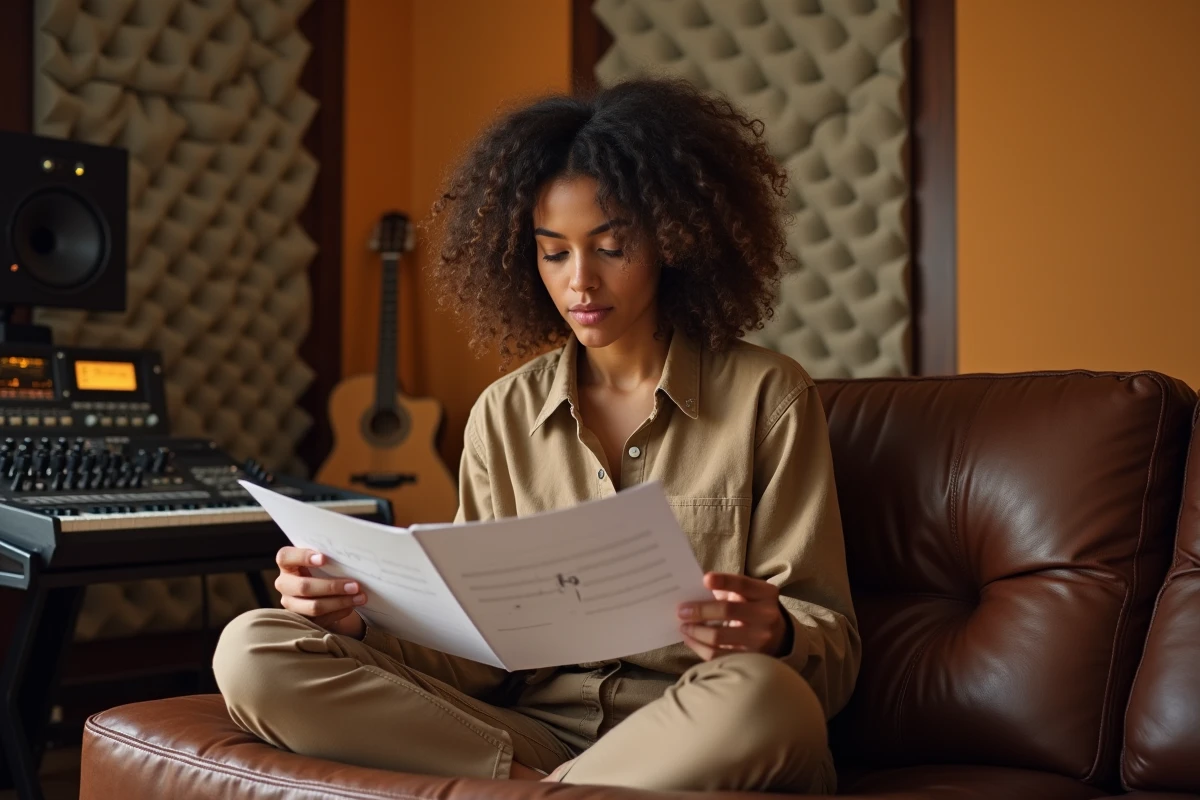 Chanteuse jeune femme aux cheveux bouclés révisant des partitions dans un studio d'enregistrement professionnel