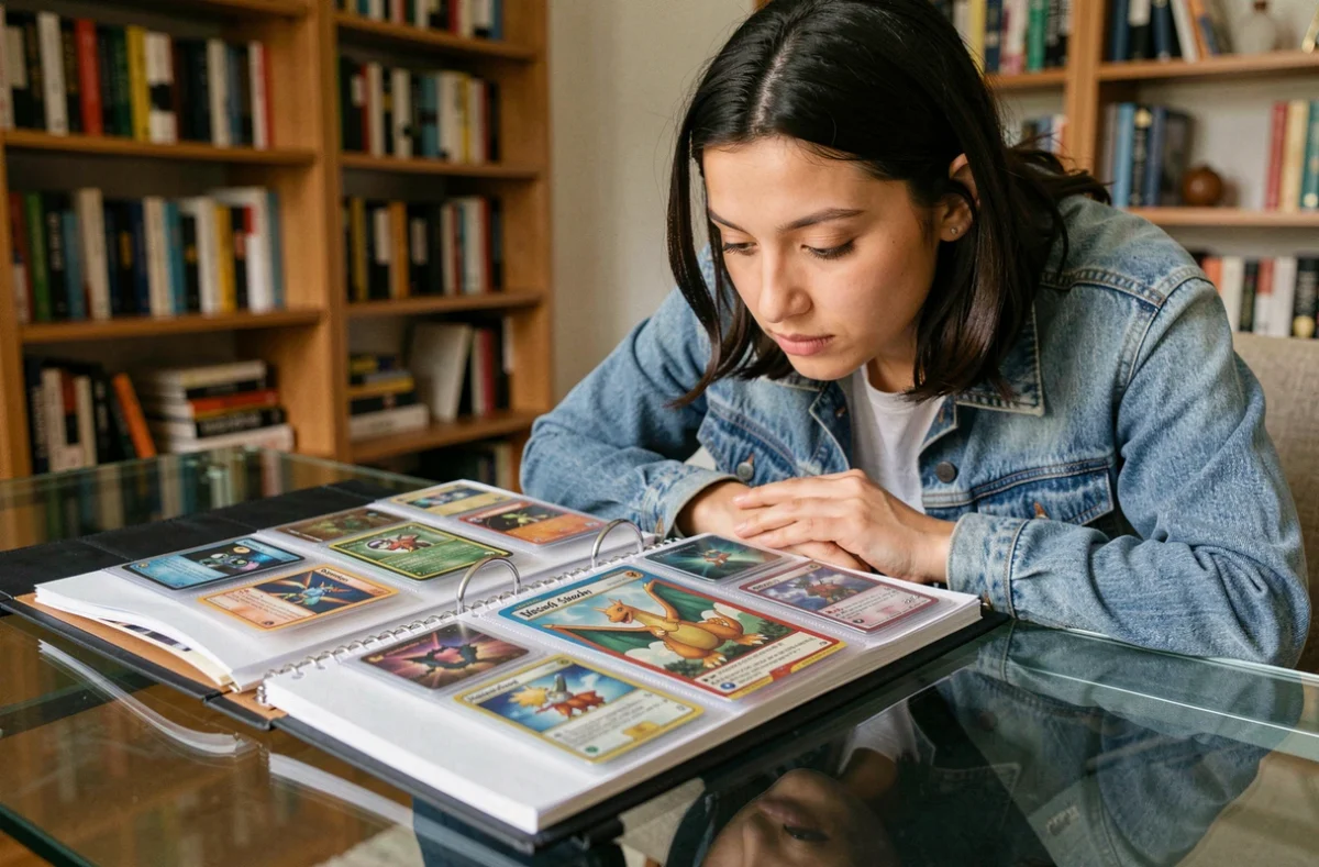 Classeur de cartes Pokémon rares ouvert sur une table, femme adulte examinant une carte Dracaufeu holographique