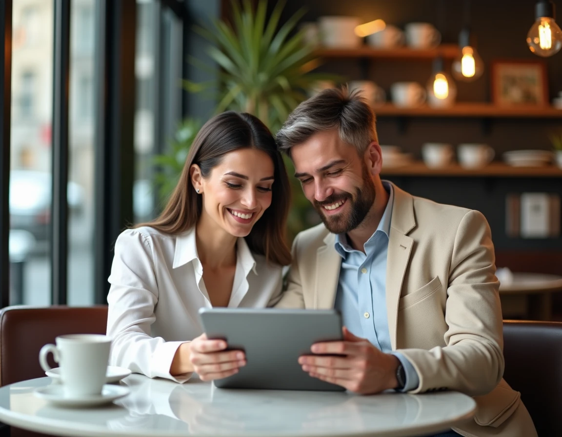 Deux collègues consultant ensemble un guide de plateforme en ligne sur une tablette dans un café