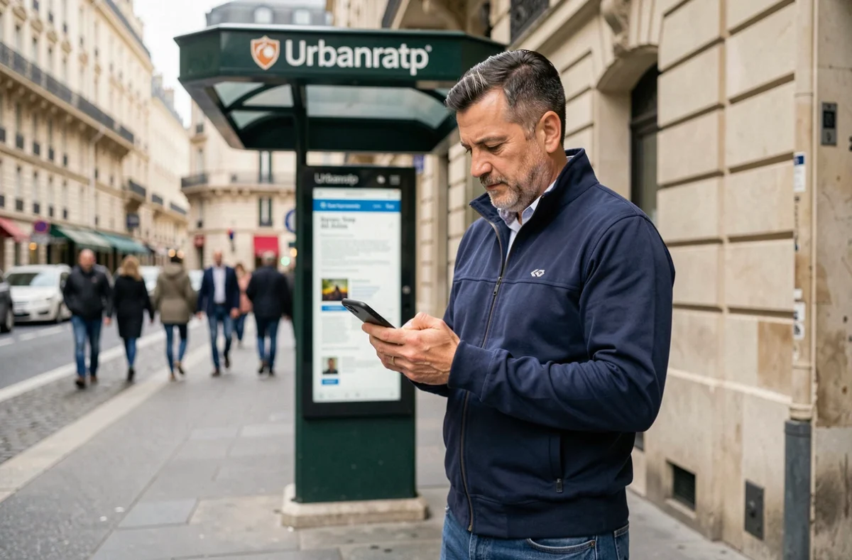 Homme consultant le portail Urbanratp sur smartphone devant une entrée de métro parisien