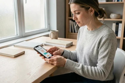 Femme utilisant une application de conversion pieds en centimètres sur smartphone au bureau