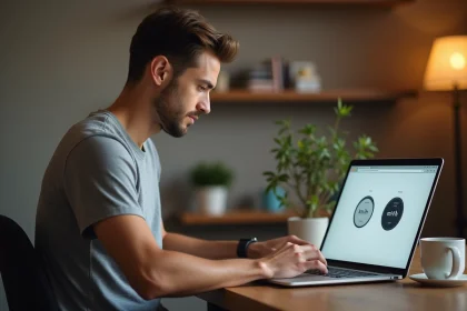 Homme utilisant un convertisseur en ligne km/h en mi/h sur son ordinateur portable dans un bureau à domicile
