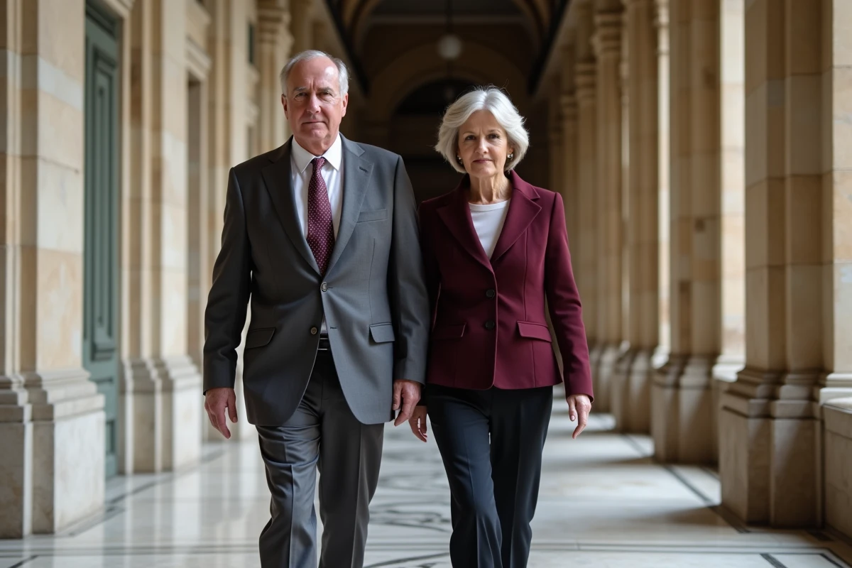 Couple de responsables politiques marchant dans les couloirs d'un bâtiment institutionnel français