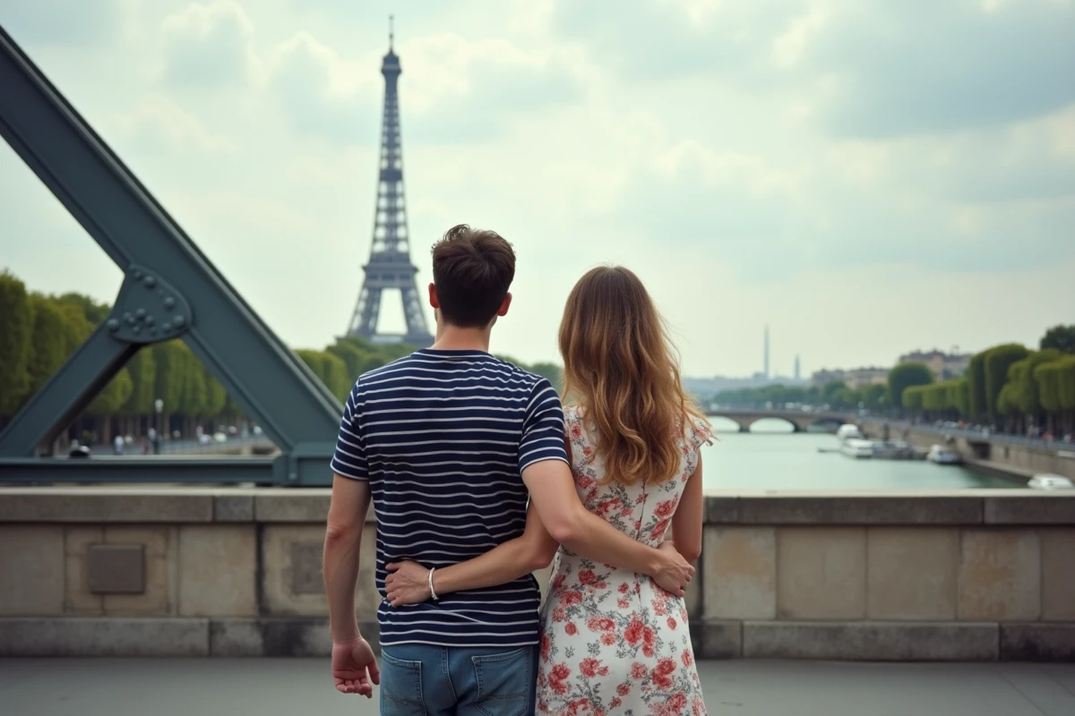 Couple de nouveaux habitants de Paris profitant d'une vue sur la Seine et la Tour Eiffel depuis le Pont de Bir-Hakeim