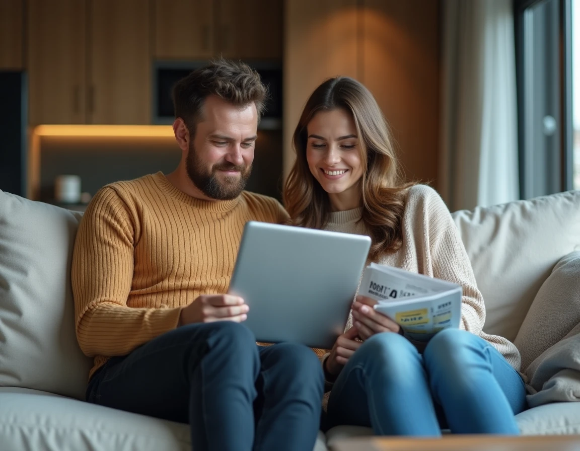 Couple utilisant une application solver de mots sur tablette pour résoudre une grille de mots croisés difficile dans leur salon