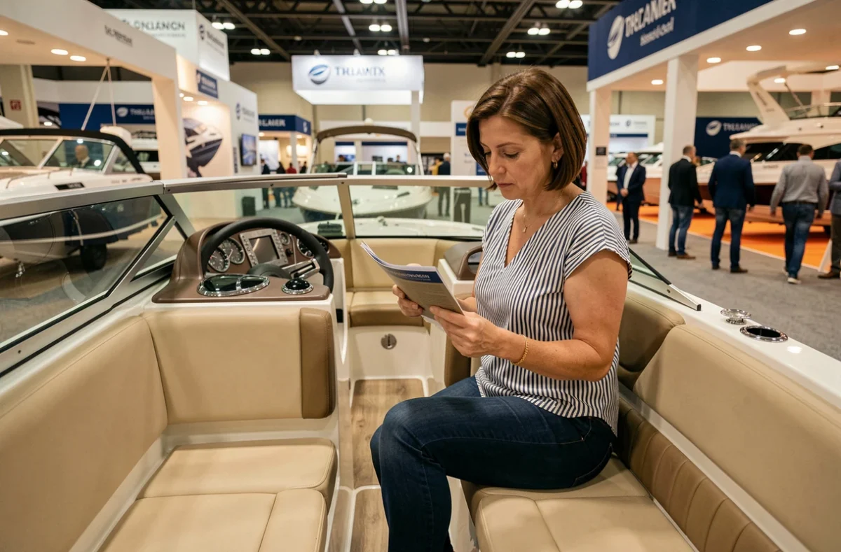Femme débutante en navigation assise dans le cockpit d'un bateau lors d'un salon nautique, consultant une brochure
