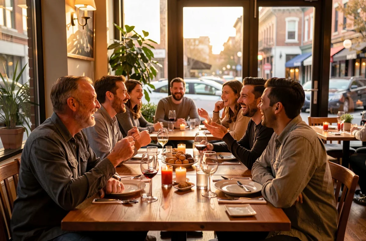 Des amis qui rient autour d'une table, vus de loin