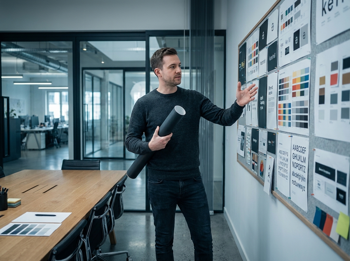 Designer graphique diplômé présentant ses projets de branding dans une agence créative