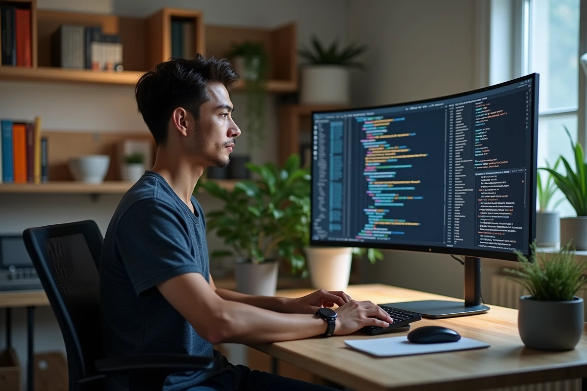 Jeune développeur fintech analysant des données blockchain sur son écran