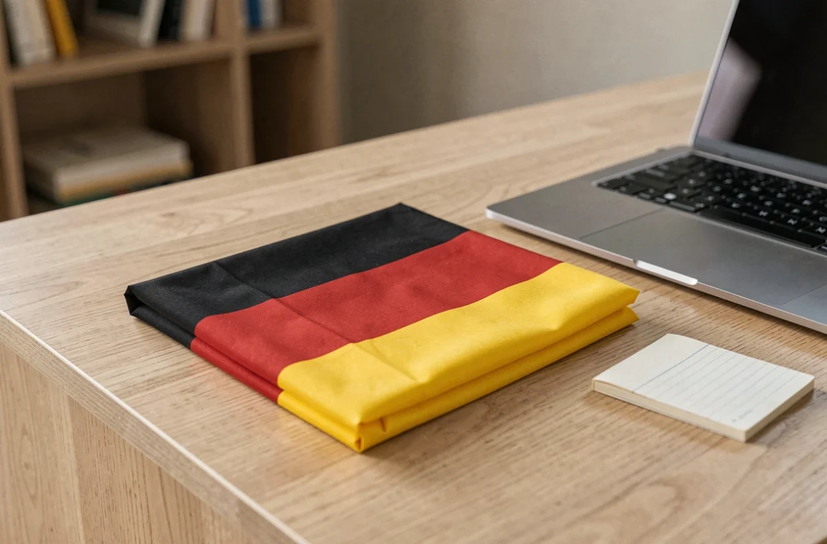 Drapeau allemand plié noir rouge jaune posé sur un bureau en bois avec un ordinateur portable