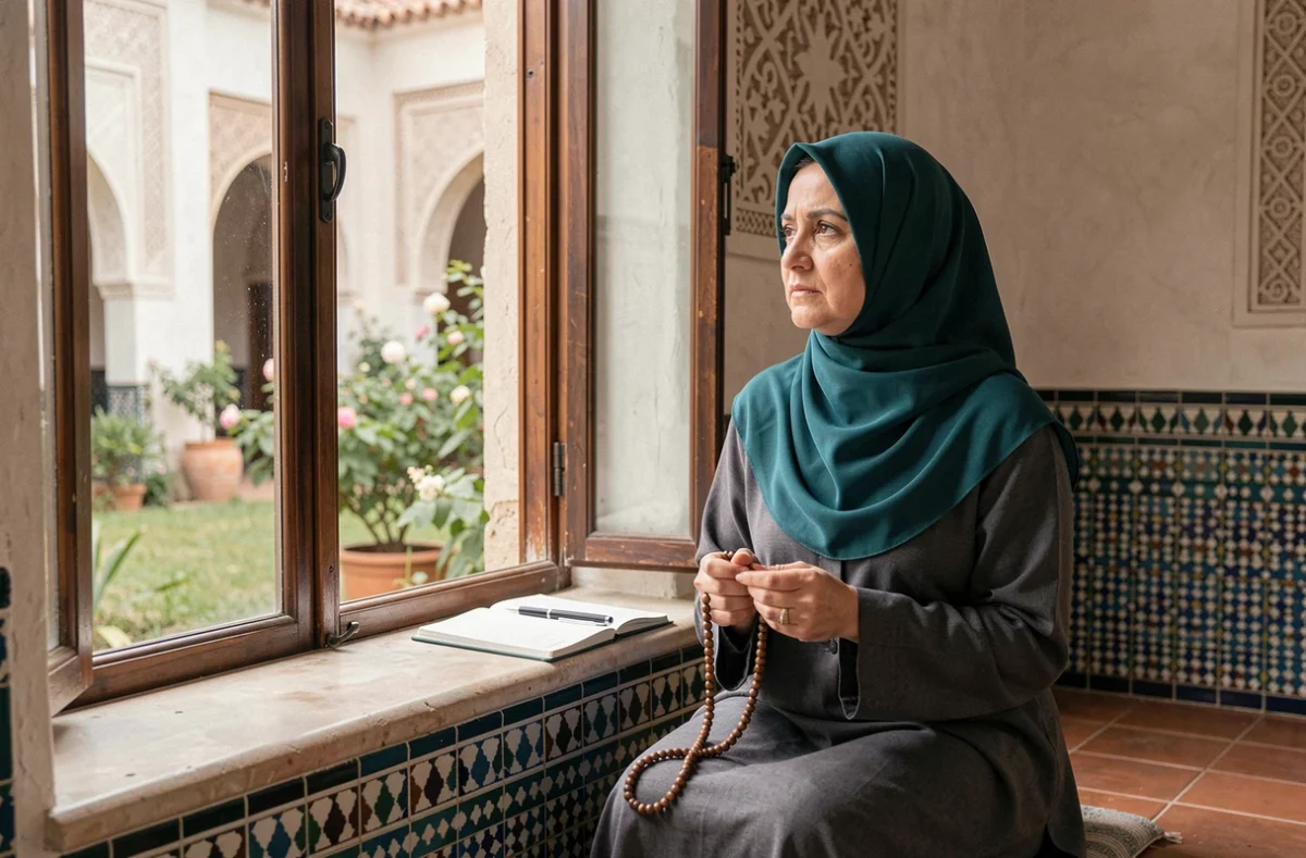 Femme musulmane contemplative près d'une fenêtre d'intérieur traditionnel nord-africain, tenant un chapelet et un carnet ouvert, évoquant la réflexion après la prière istikhara