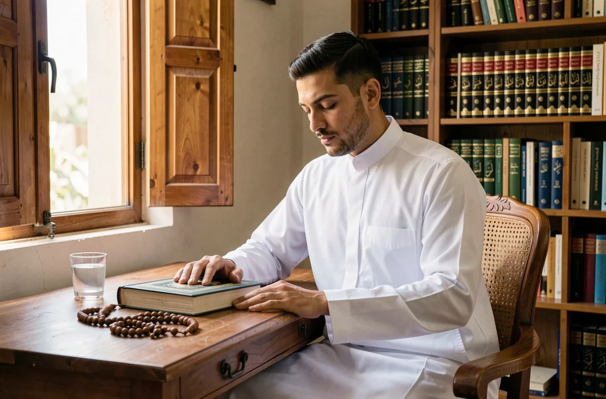 Homme musulman en tenue traditionnelle assis à un bureau, main posée sur le Coran fermé, dans une posture de réflexion spirituelle après la prière istikhara