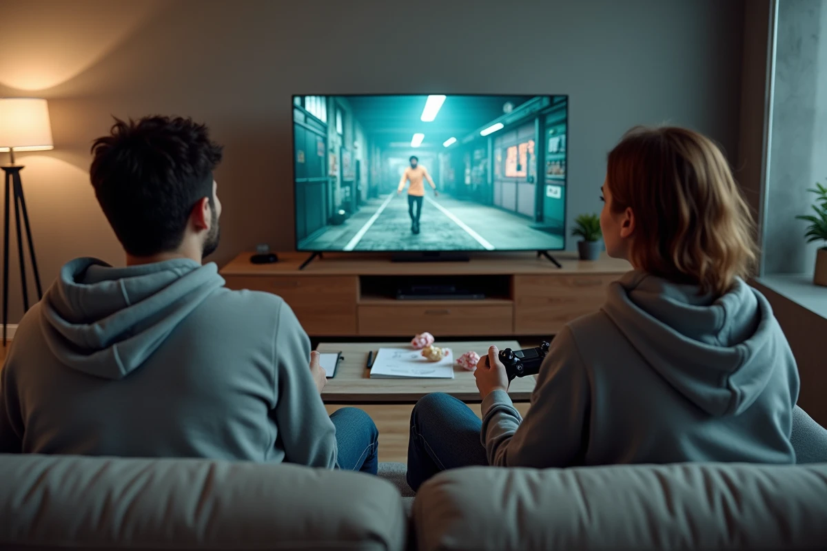 Deux joueurs en coop élaborant une stratégie pour finir ARC Raiders en une session dans un appartement