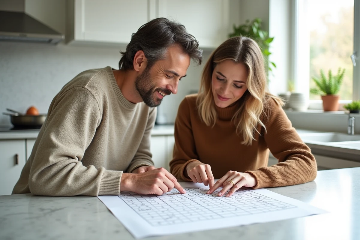 Deux adultes collaborant sur une grille de sudoku dans une cuisine moderne, représentant le défi d'énigme pour QI supérieur à 100